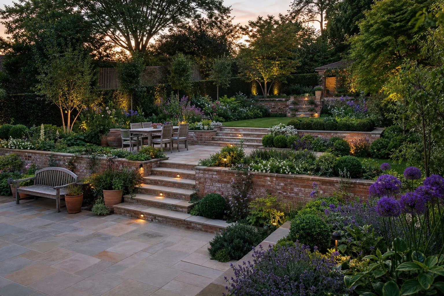 Completed multi-level garden with terraces, raised beds and lush planting