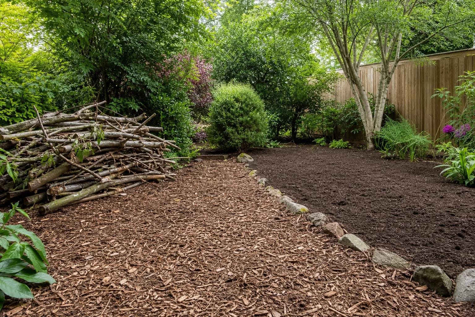 Tidy cleared garden with fresh mulch and turned soil ready for planting