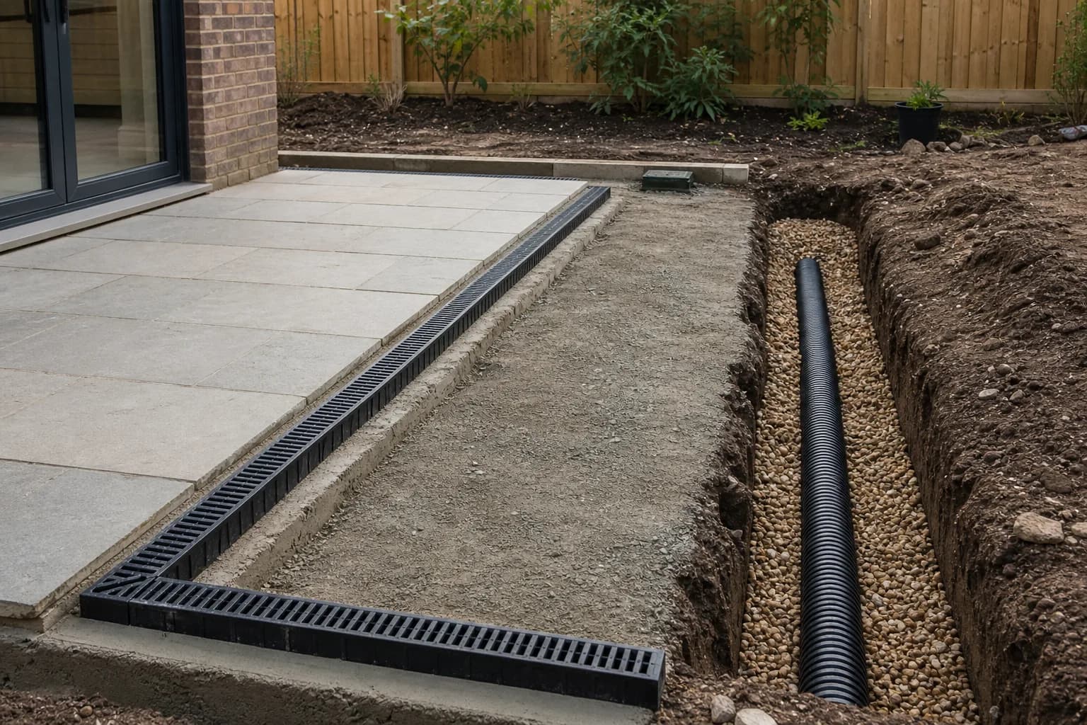 Garden groundworks showing a gravel soakaway and channel drainage in a compacted base