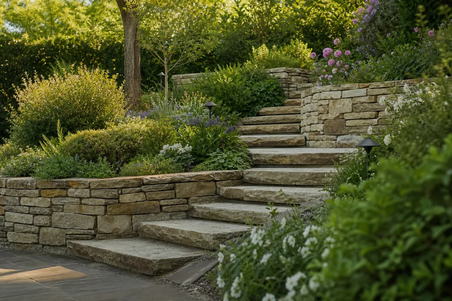 Natural stone retaining wall with built-in garden steps on a landscaped slope