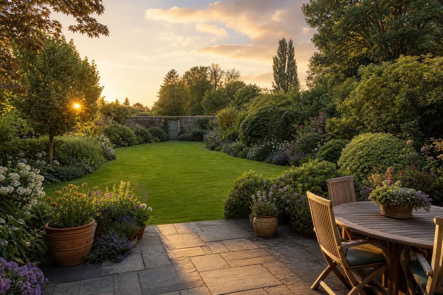 Finished landscaped garden with a paved area, lawn and planted borders