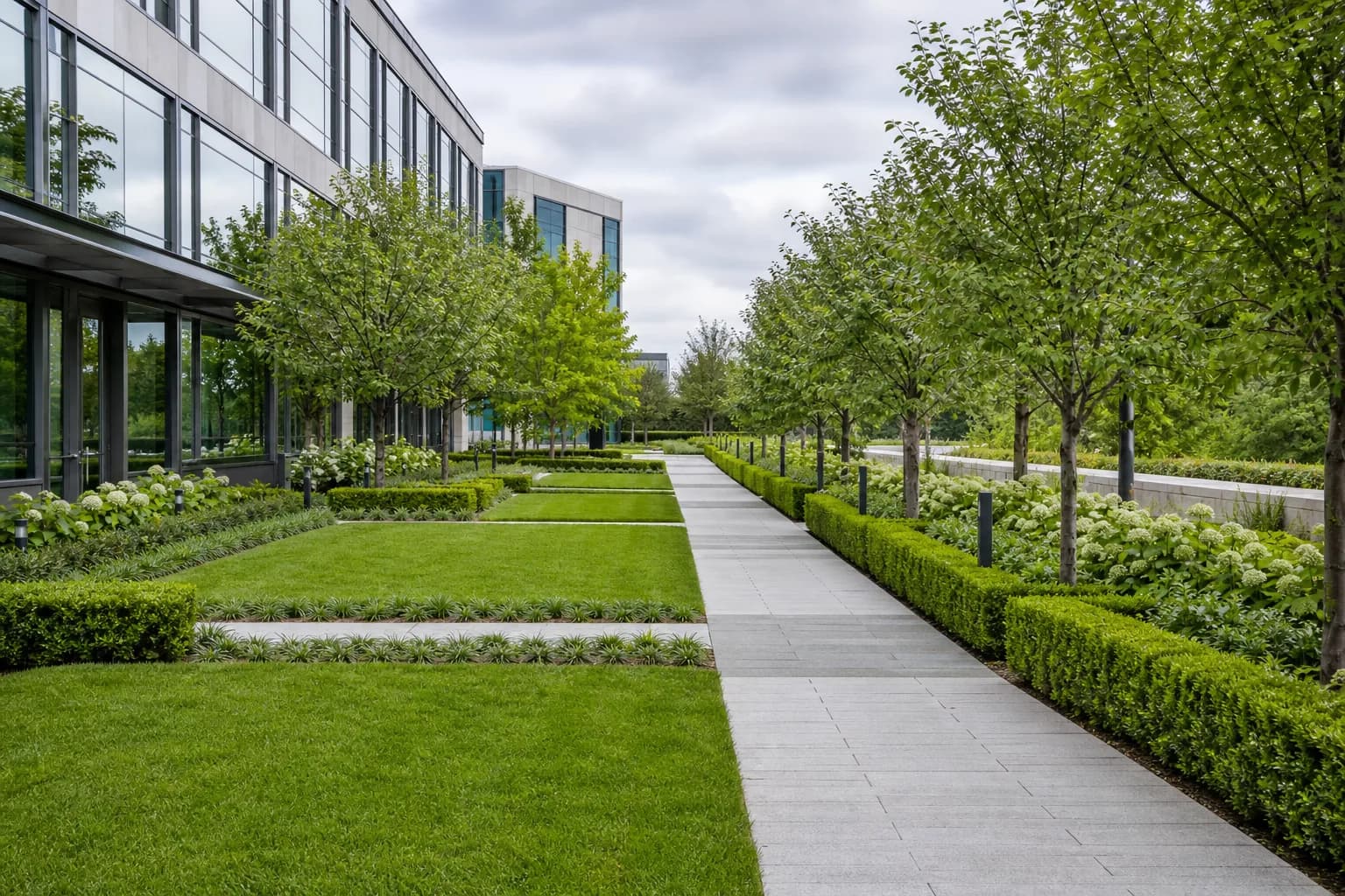 Neatly maintained commercial grounds with structured planting, clipped hedges and clean paved walkways