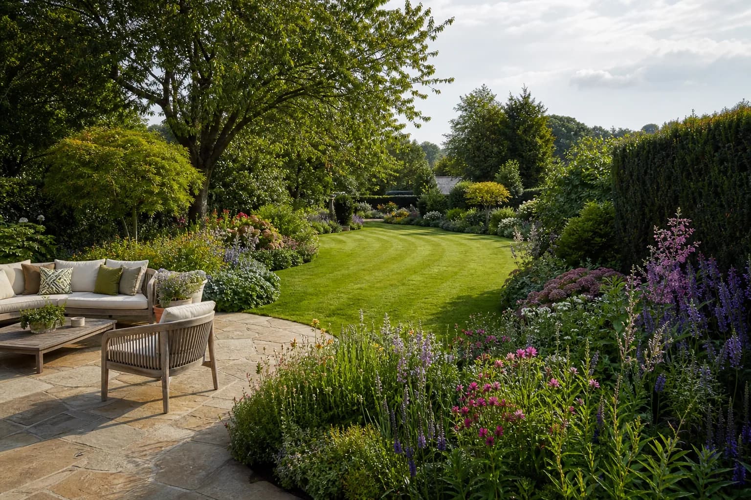 Beautifully designed garden with a curved lawn, layered flower borders and a natural stone patio