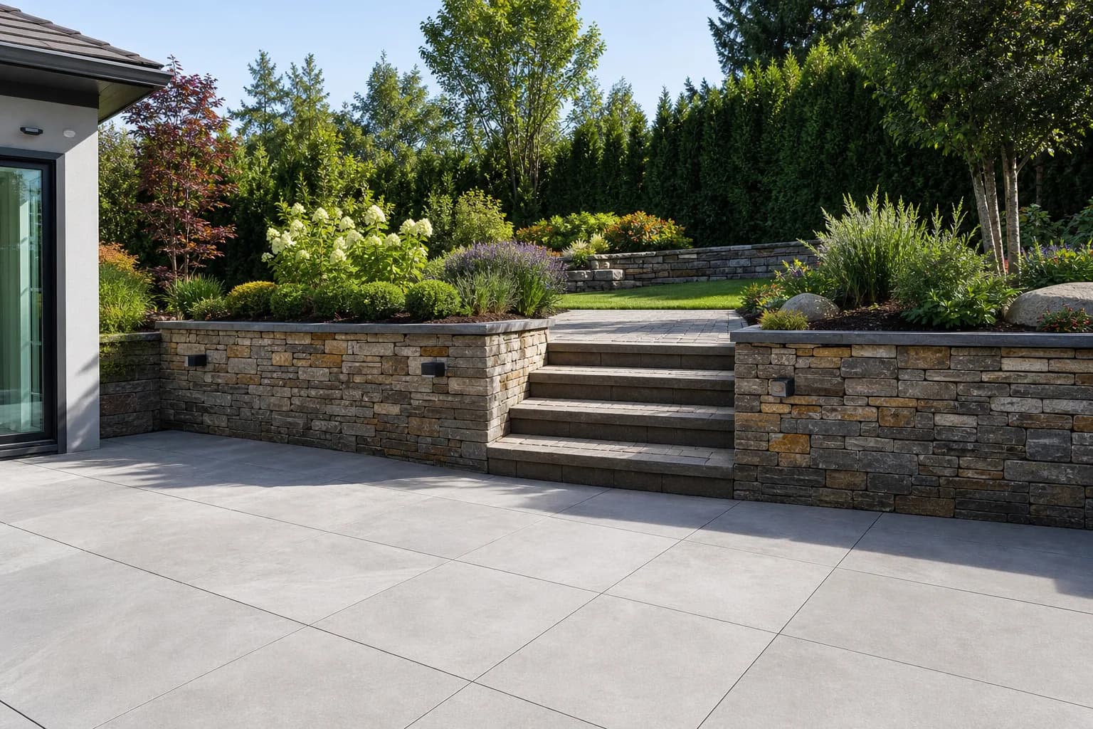 Large porcelain paved patio with a natural stone retaining wall and built-in garden steps