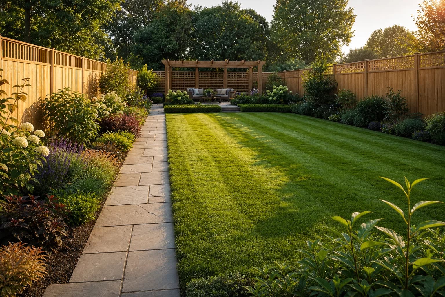 Freshly landscaped back garden with a striped lawn, planted borders and a natural stone path