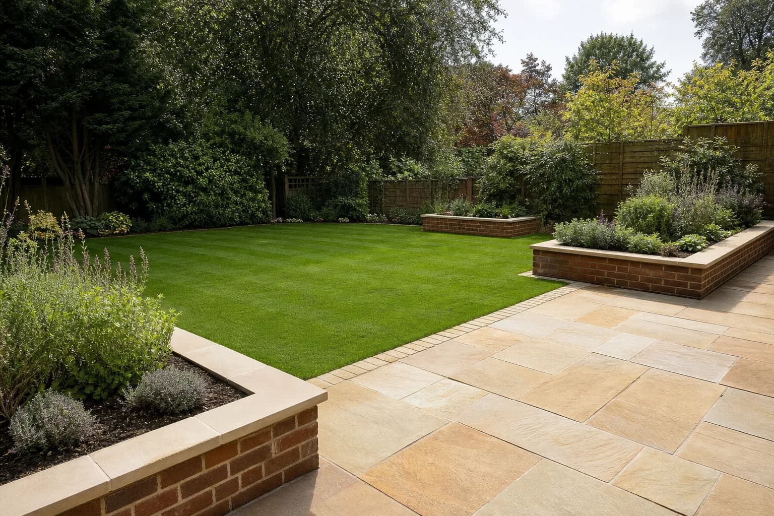 Transformed garden with a new sandstone patio, freshly laid lawn and brick raised beds